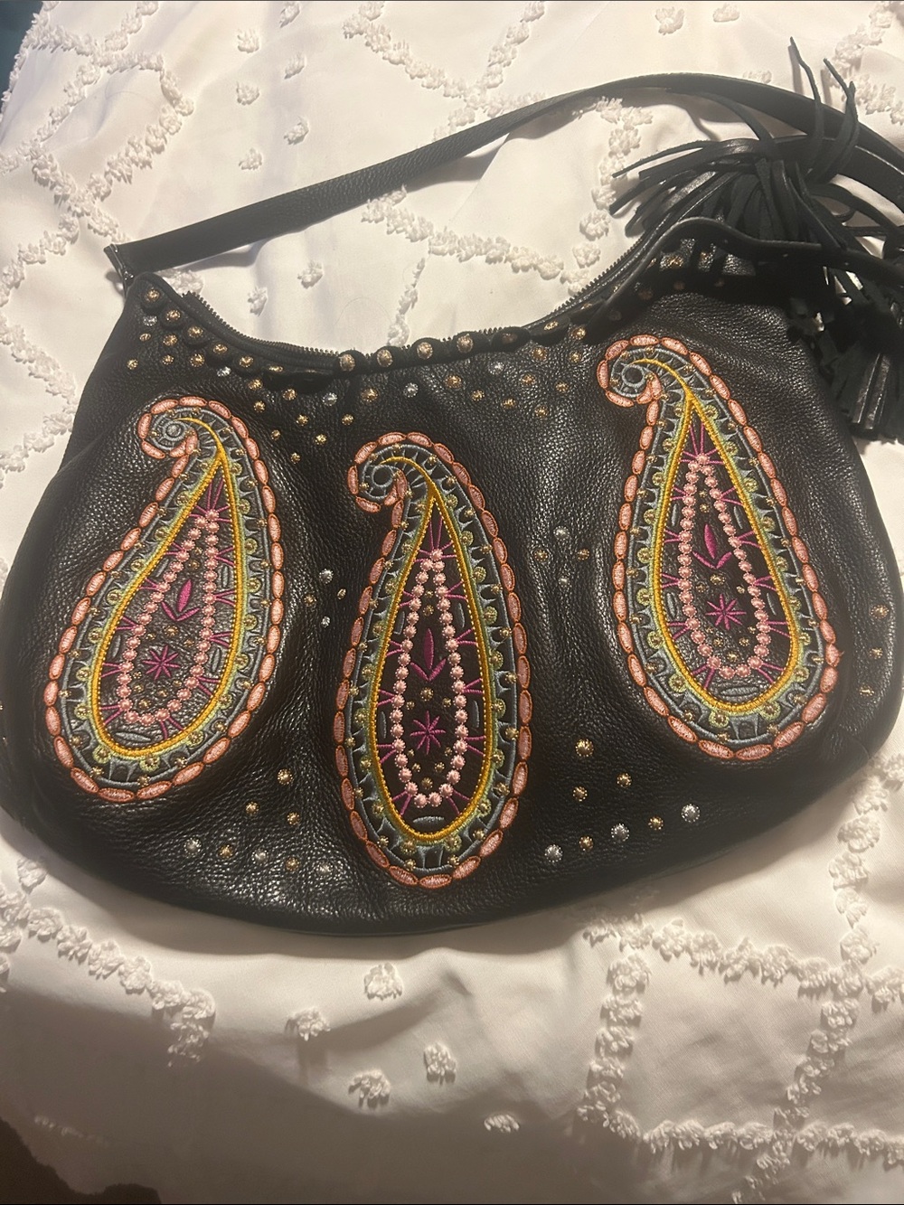 Isabella Fiore Black Leather Shoulder Bag with Multicolor Paisley Embroidery - Picture 10 of 10